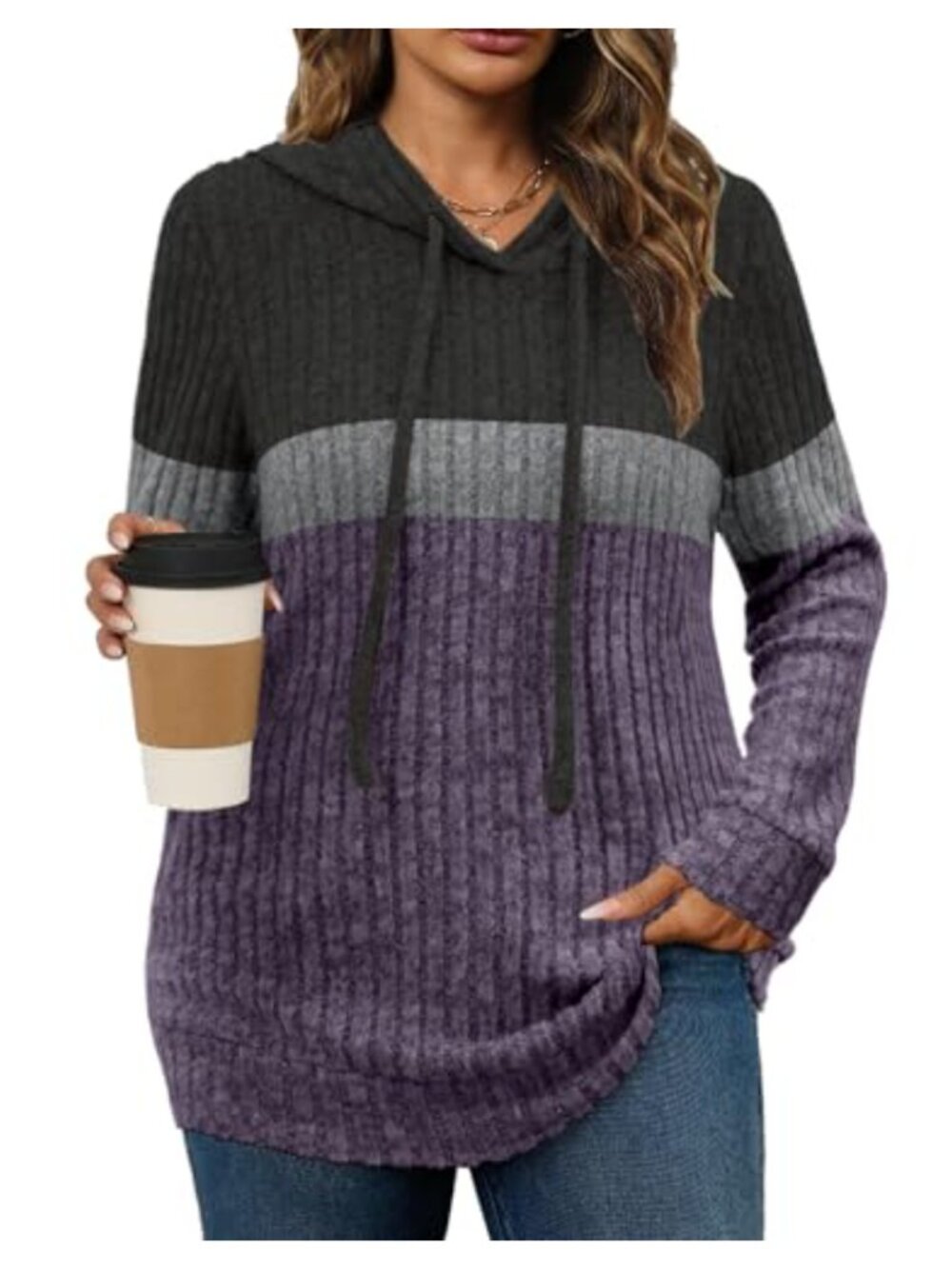 Womens Plus Size Ribbed Knit Hoodie Sweater Long Sleeve Pullover Tunic Top
